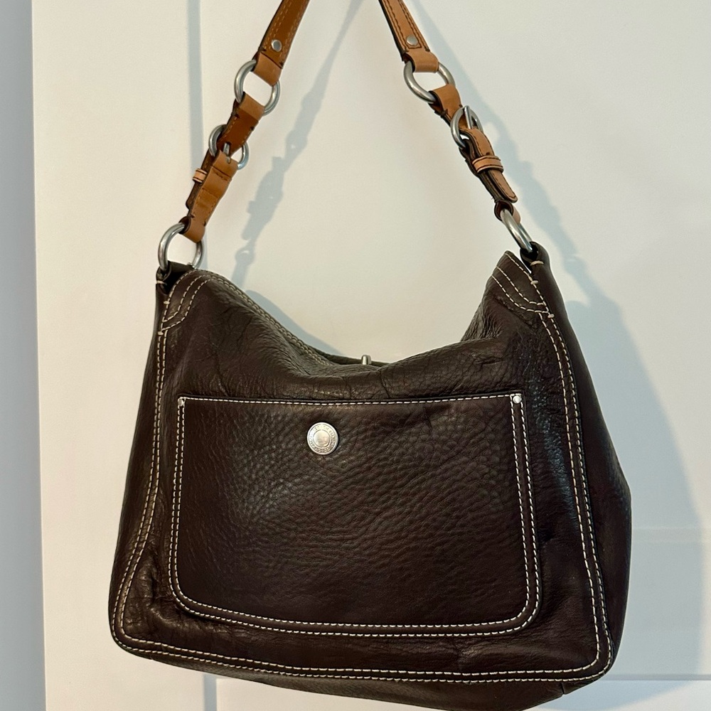 Coach Dark Brown Pebbled Leather Shoulder Bag with Tan Leather Strap - Picture 2 of 6
